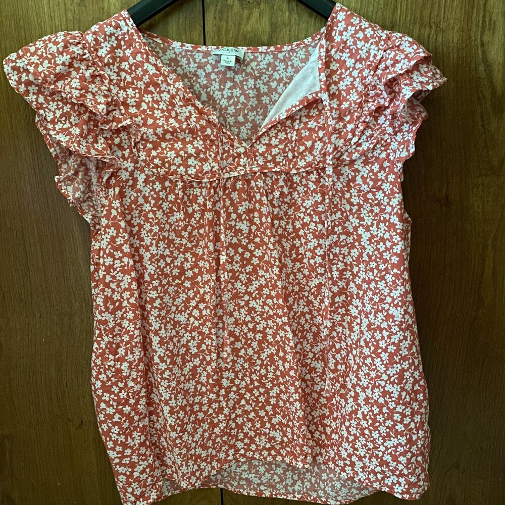 J. Crew Factory pink and white floral ruffle sleeve top- SIZE LARGE